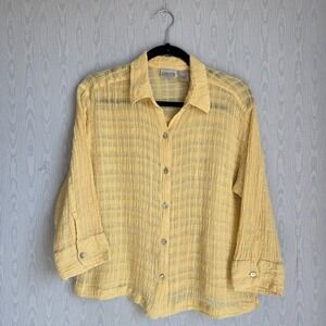 Chico's Size S (1) Butter Yellow 100% Linen Crinkle Gauze Button Down Shirt